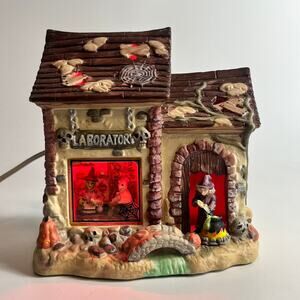 Halloween Village Lighted Laboratory Witches Brew Mummy Haunted House Ceramic